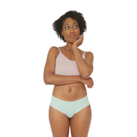 The model is wearing a teal color no-show panties from CLOECO brand. The ultra-soft, comfortable, and lightweight feelings were provided by the plant-based materials.