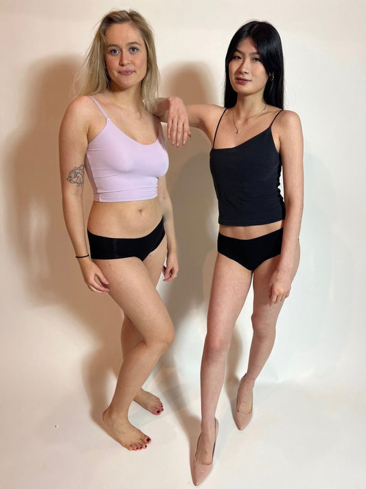 Two models are wearing the black color seamless underwears for everyday wear. The texture are ultra soft and breathable.