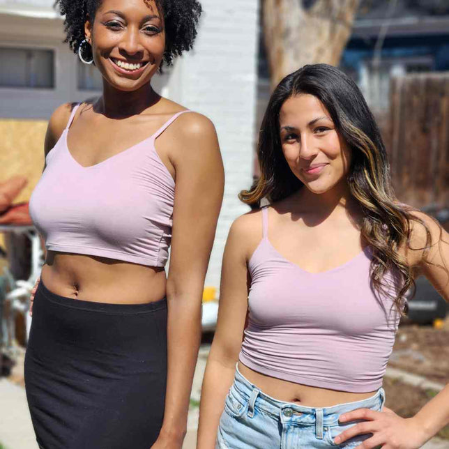 The model on the left is wearing the light purple crop cami which is super soft and skin-friendly; and the model on the right is wearing a plant-powered bralette which is also in light pink color. Both of the tops offered the ultra-soft and all-season breathable feelings.