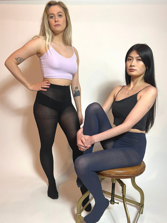 Two models are wearing tights in black and navy colors from CLOECO brand. The tights are lightweight and stretchy. The silky-soft feeling was provided because of the plant-based material.