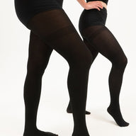 2 women standing in tights made of comfortable natural sustainable ecofriendly materials. shorts attached to prevent sagging, no sag tights and a comfortable anti itch material. CLOECO, former CLOVO