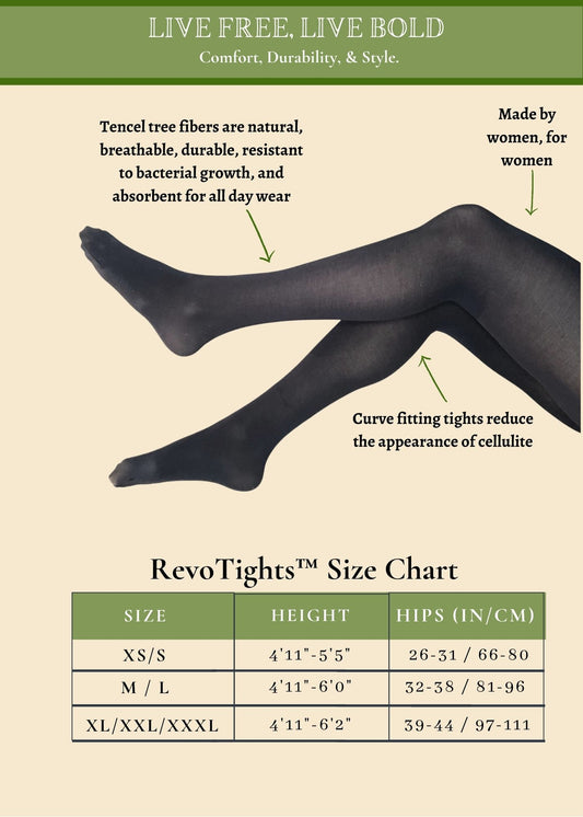 Cloeco RevoTights size chart including the features of RevoTights: Made by women, made for women; Curve fitting tights reduce the appearance of cellulite; Natural Tencel fiber provided breathable, durable, abd resistantcy to bacteria growth.