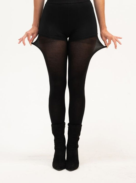 The model is wearing a pair of super stretchy and breathable black tights from CLOECO brand. She snitched the tights slightly so you can tell the flexible texture.