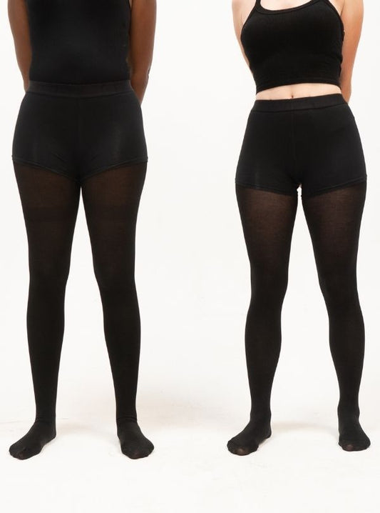 The two women are in black RevoTights with no-sag design. The material provided it the texture of soft and cozy.