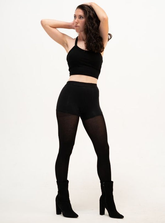 The standing woman in all black is wearing Cloeco's skin-friendly black EverTights. Super breathable, soft, and skin-safe.